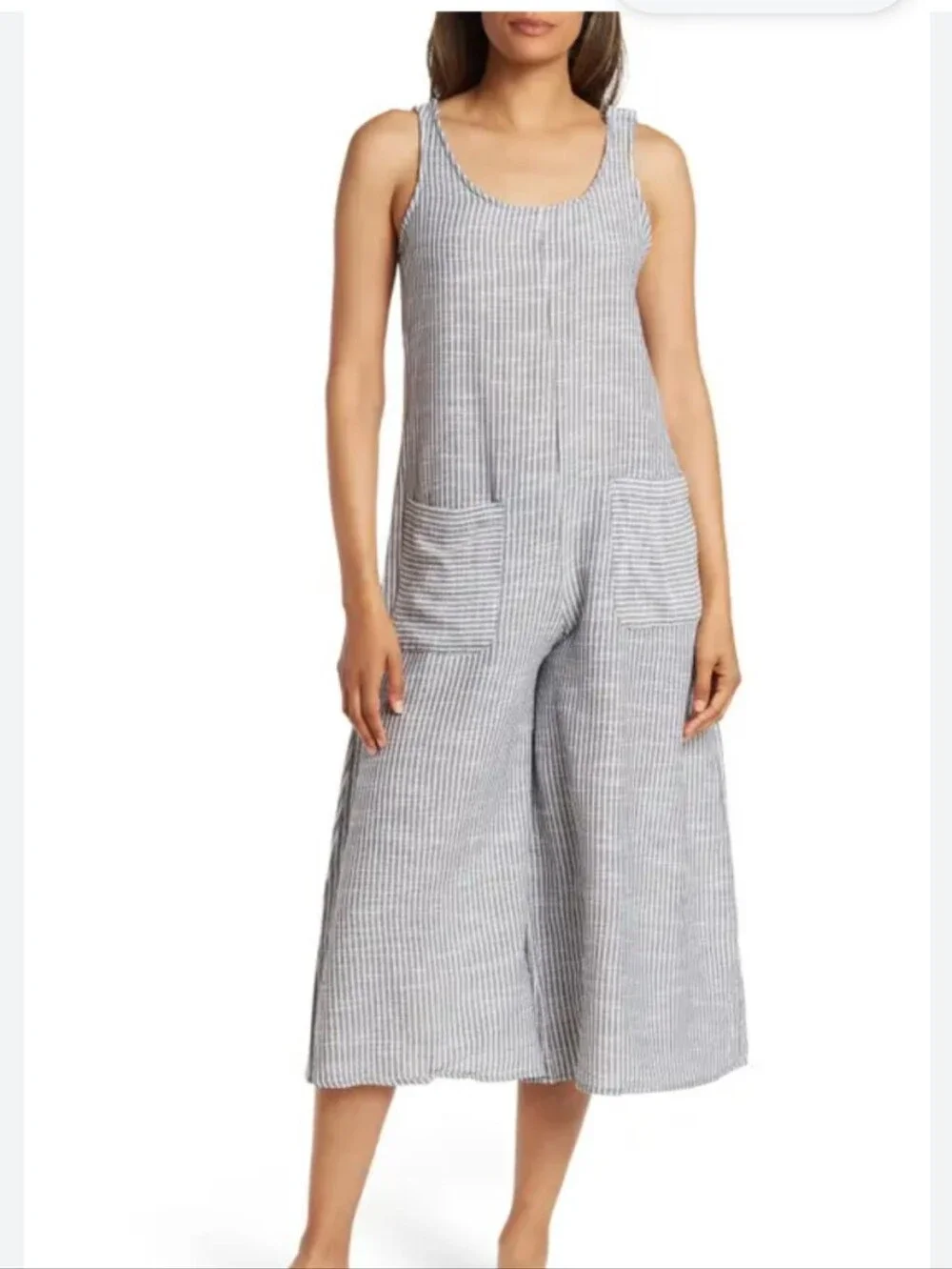 Max Studio Womens Jumpsuit Romper Size Striped Gray/White Pockets Linen Blend - Picture 1 of 9